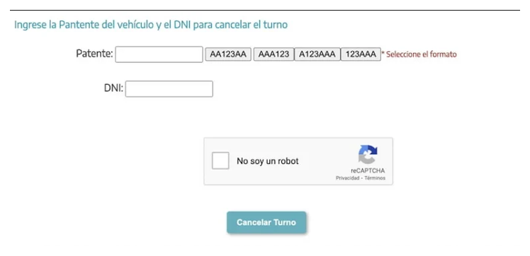 Pantalla para cancelar el turno de la VTV en Baradero con patente y DNI
